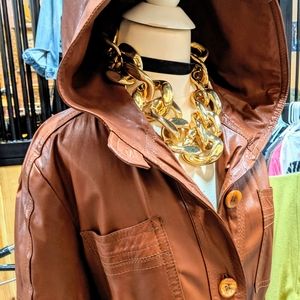 Vintage Leather Trench Coat w/ Oversized Hood
